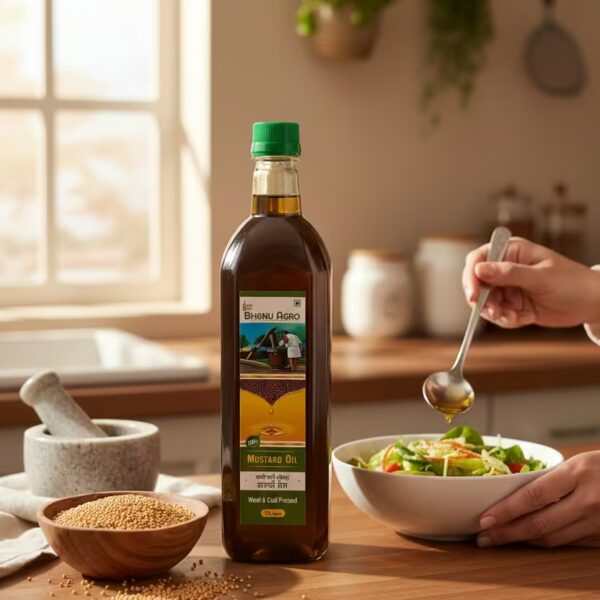 Bhanu Agro Mustard Oil 1000ML – 100% Pure Wood & Cold Pressed Sarso Tel for Cooking, Hair, Skin & Health - Front Vi...
