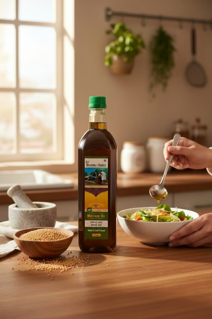 Bhanu Agro Mustard Oil 1000ML – 100% Pure Wood & Cold Pressed Sarso Tel for Cooking, Hair, Skin & Health - Front Vi...