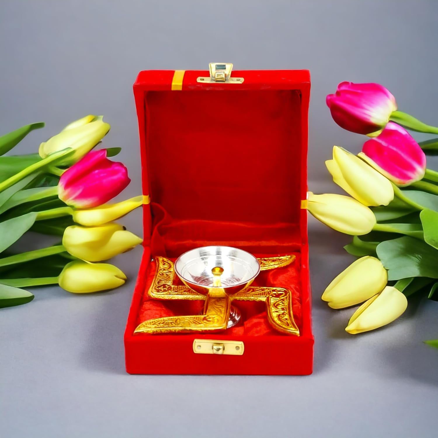 01_011a4d3d-a284-49c3-aa8a-b2c1a7ae6e02.jpg Auspicious Swastik-Base Pooja Diya - (1 Pc) - Front View by Nari Haat, Indian ethnic wear, women clothing, designer suit