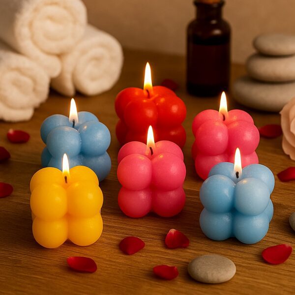 Multicolor Aesthetic Bubble Cube Wax Candles (6 Pc) - Front View by Nari Haat, Indian ethnic wear, women clothing, de...