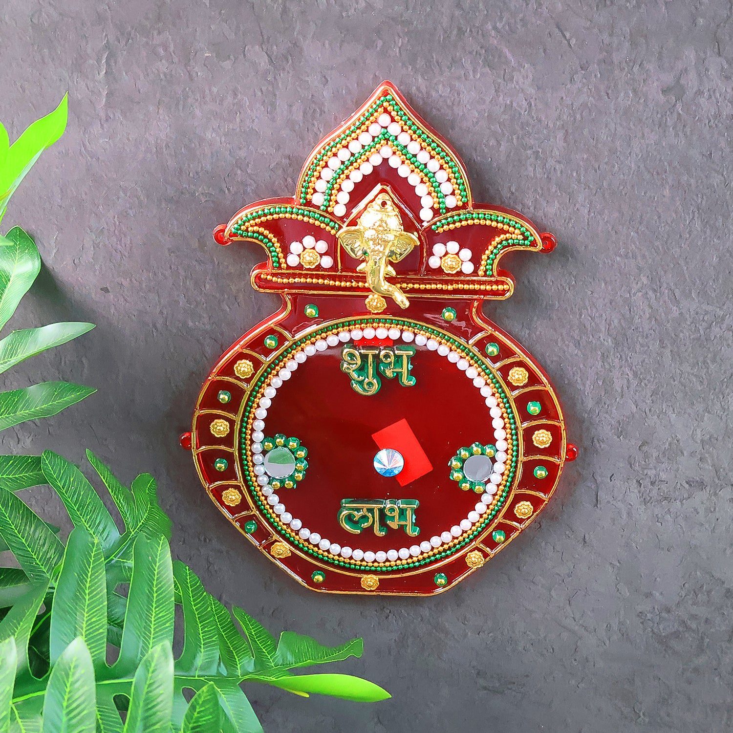 01_229726ec-be0a-49bb-a7d4-110f9ab158e5.jpg Decorative Kalash Wall Hanging with Shubh Labh (1 Pc) - Front View by Nari Haat, Indian ethnic wear, women clothing, ...