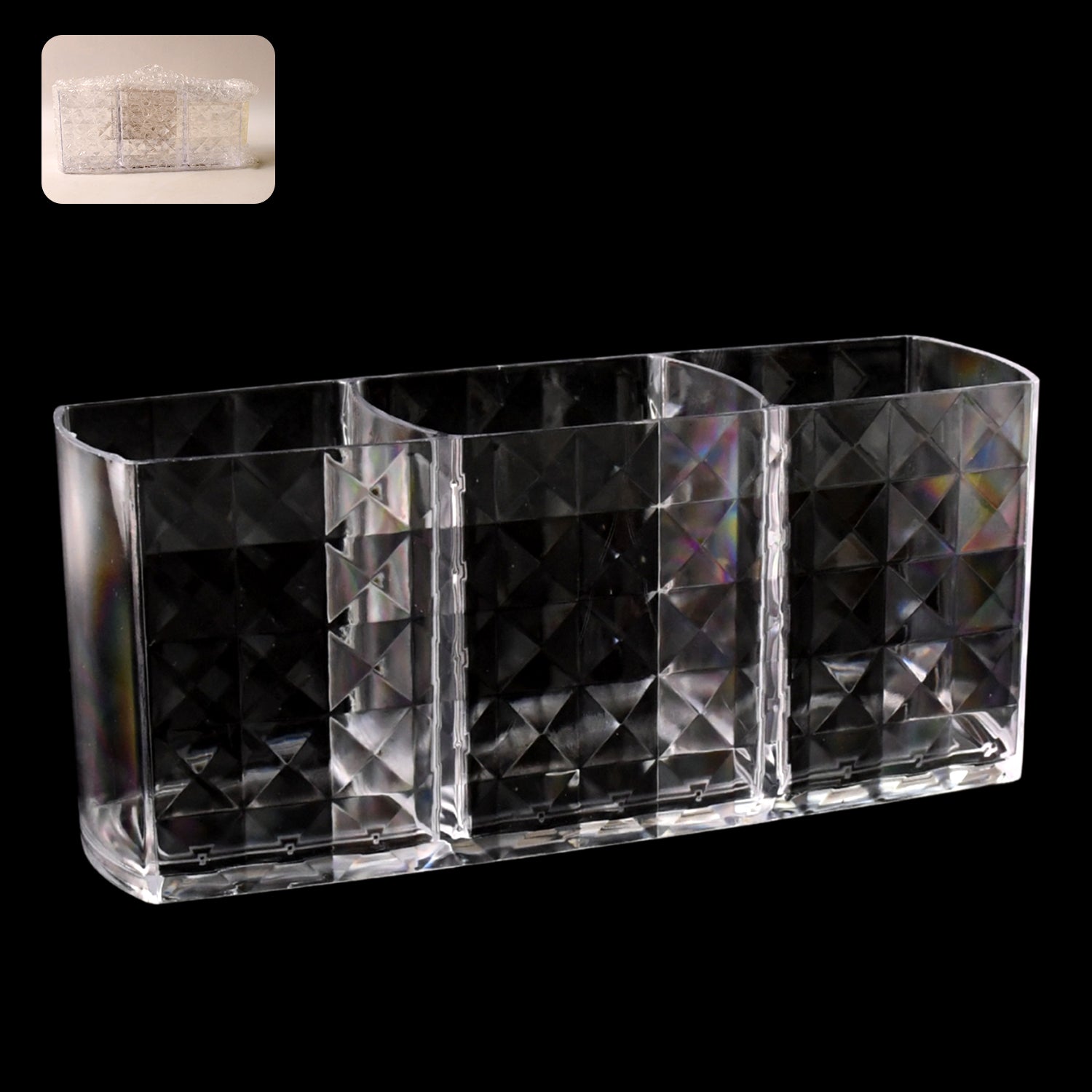01_23db851a-e4de-4dce-88fd-3463df0df942.jpg Elegant Crystal-Effect 3-Compartment Acrylic Makeup Brush Holder (1 Pc) - Front View by Nari Haat, Indian ethnic wear...