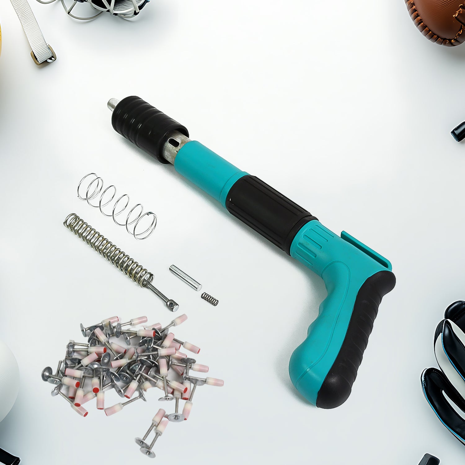 01_354f48b5-1b96-4ade-a82c-ccd8a6ccc364.jpg Manual Steel Nails Gun, Nail Wall Fastening Tool with 10 Nails (1 Set) - Front View by Nari Haat, Indian ethnic wear,...