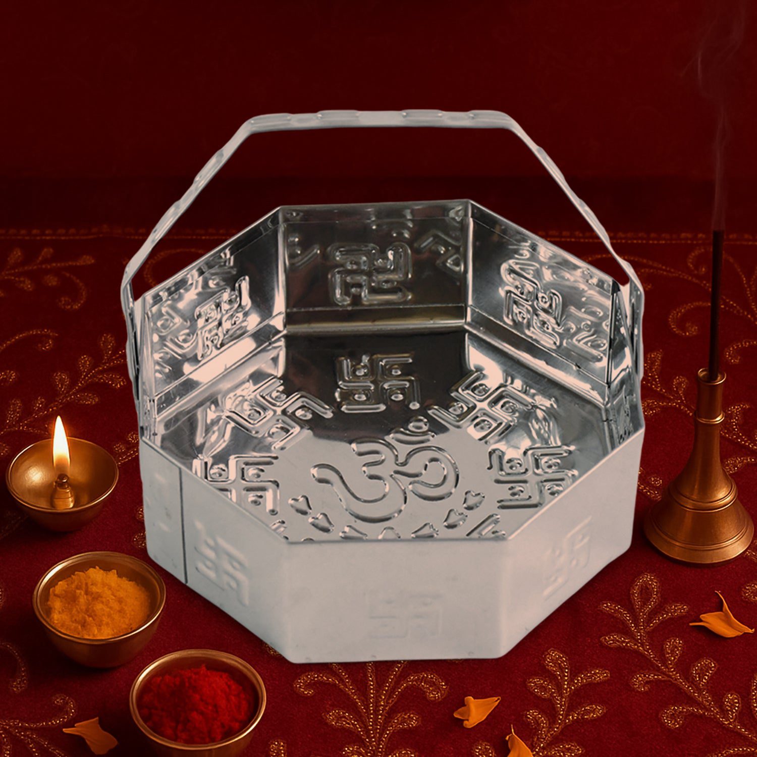 01_3580445c-48fa-4f9d-9e5f-4521c7f14ee4.jpg Traditional Stainless Steel Octagon Pooja Basket 1 Pc with Handle - Front View by Nari Haat, Indian ethnic wear, wome...