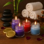 Wax Candle Set in Glass Jars with Gold Lids (4 Pc) - Front View by Nari Haat, Indian ethnic wear, women clothing, des...