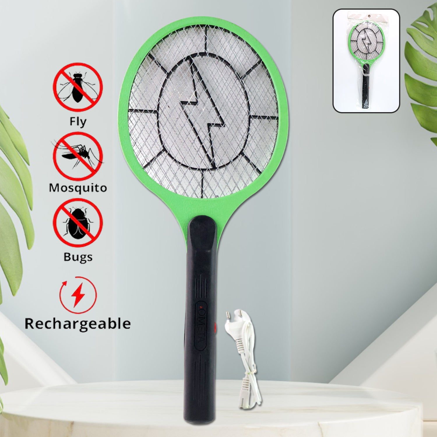 01_501231db-88a2-4c31-b2ea-69d3a2fe27a1.jpg Green Rechargeable Electric Mosquito Killer Racket with Cable - Front View by Nari Haat, Indian ethnic wear, women cl...