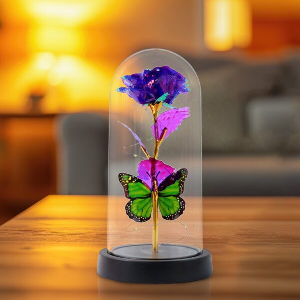 LED Preserved Rose with Colorful Butterfly in Plastic Dome (1 Pc & Mix Color) - Front View by Nari Haat, Indian ethni...
