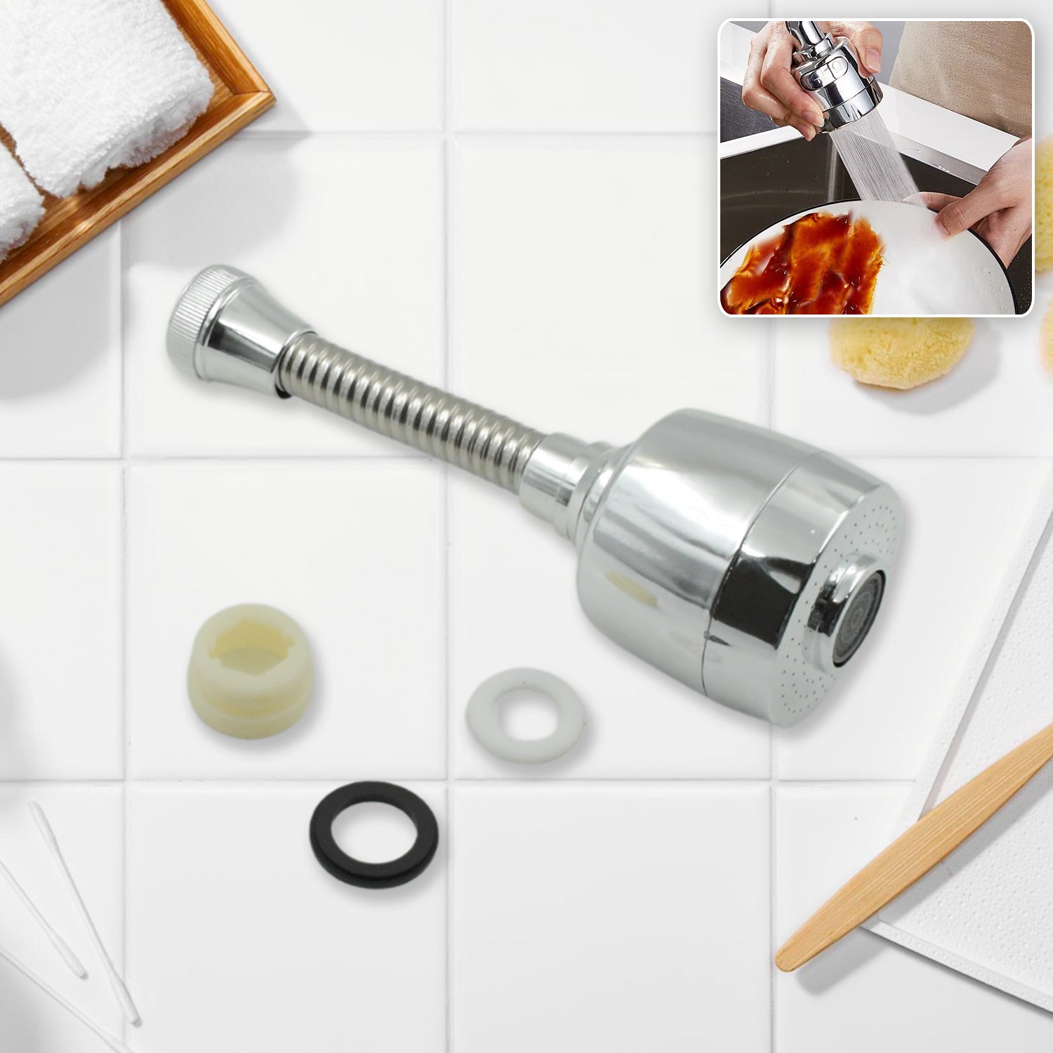 01_57a19173-ac21-4b62-bd0a-15f06073b702.jpg 360° Rotating Faucet Sprayer – Water-Saving Aerator for Kitchen & Bathroom (6 Inch) - Front View by Nari Haat, Ind...