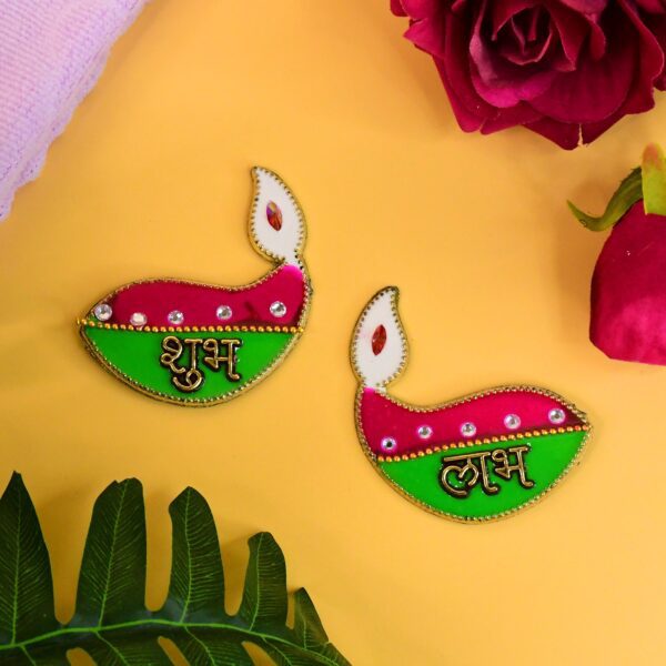 Shubh Labh Diya Shaped Wall Hangings (2 Pc) - Front View by Nari Haat, Indian ethnic wear, women clothing, designer suit