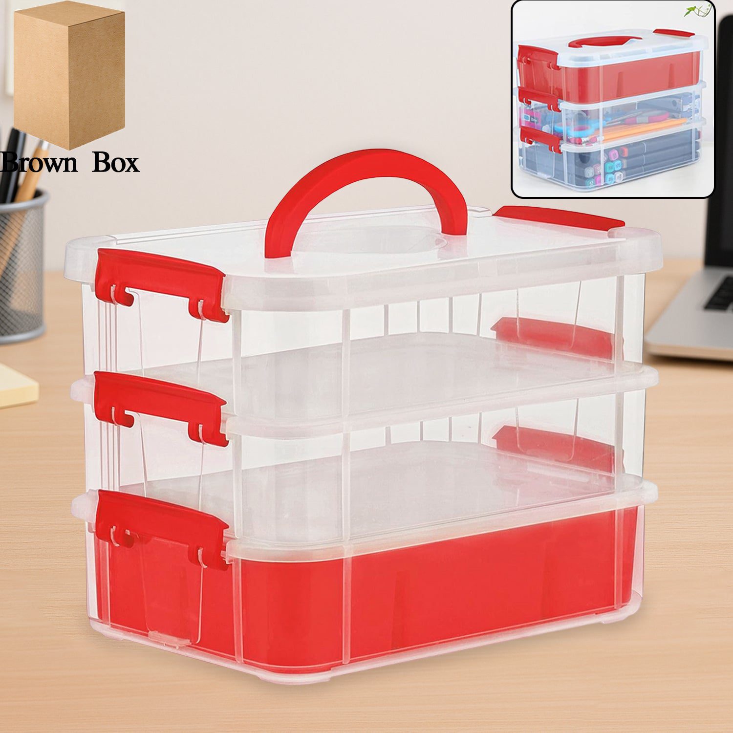 01_7775571d-b048-4cde-b1e8-cf6a9bf671de.jpg 3-Layer Multi-Purpose Transparent Plastic Storage Carry Box with Handle - Front View by Nari Haat, Indian ethnic wear...