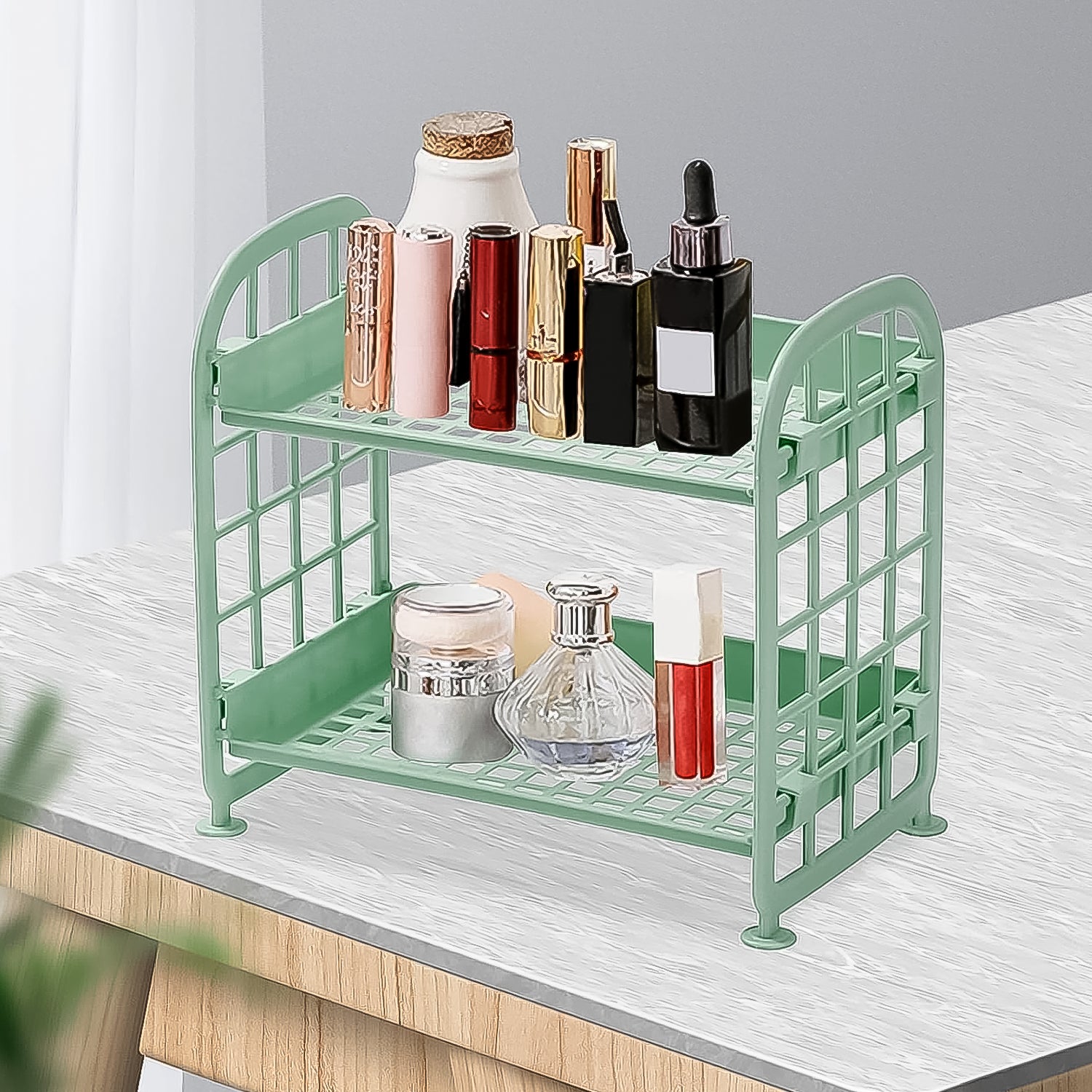 01_86f9d7c5-cb58-43ec-9849-c289bea25fec.jpg 2Layer Foldable Plastic Small Storage Shelf / Rack (1 Pc / Mix Color) - Front View by Nari Haat, Indian ethnic wear, ...