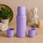 Purple Vacuum Flask Set – Stainless Steel Thermos with 3 Cups, Approx 500ml - Front View by Nari Haat, Indian ethni...