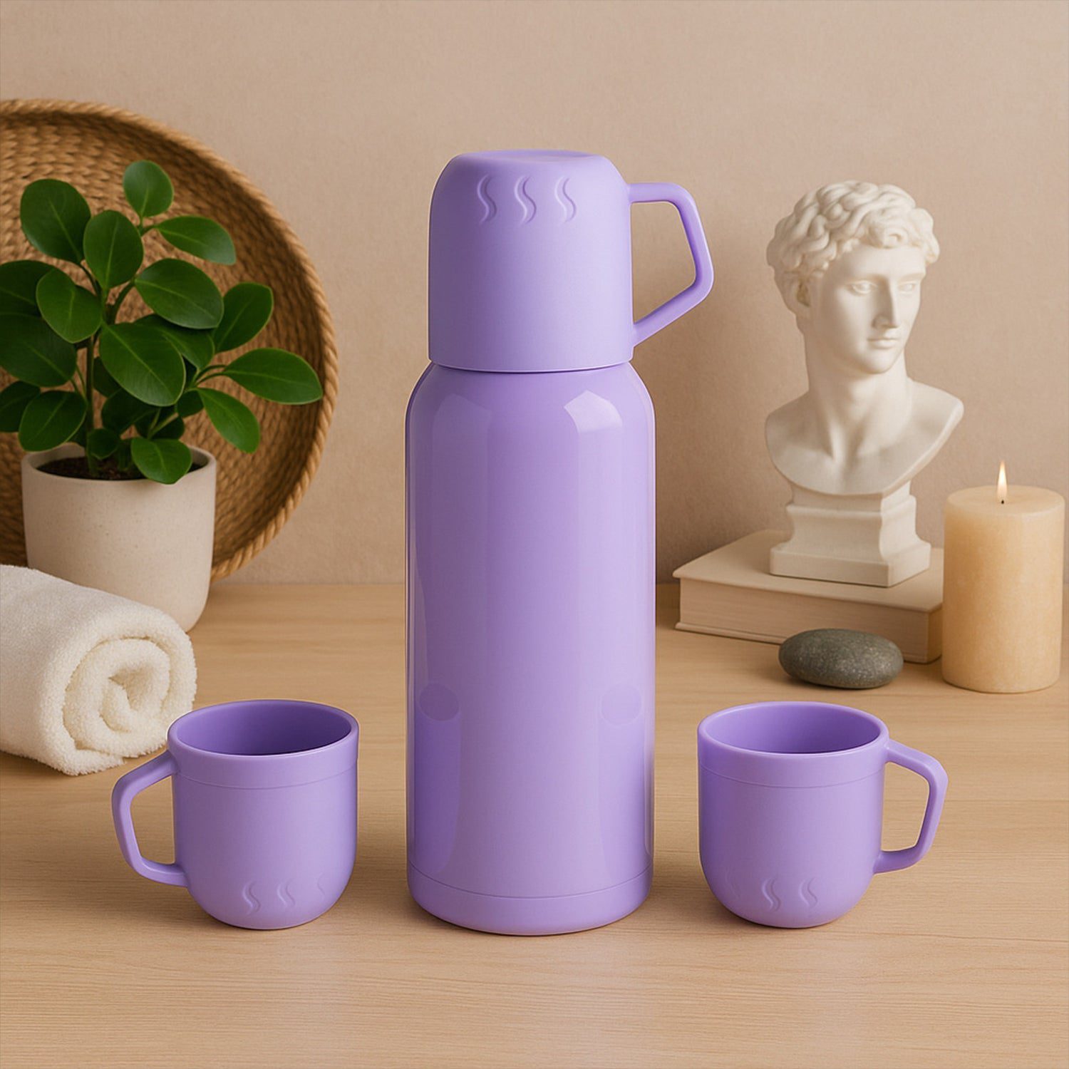 01_956ccaeb-95c3-4a17-9fde-0fbd490a2d7a.jpg Purple Vacuum Flask Set – Stainless Steel Thermos with 3 Cups, Approx 500ml - Front View by Nari Haat, Indian ethni...