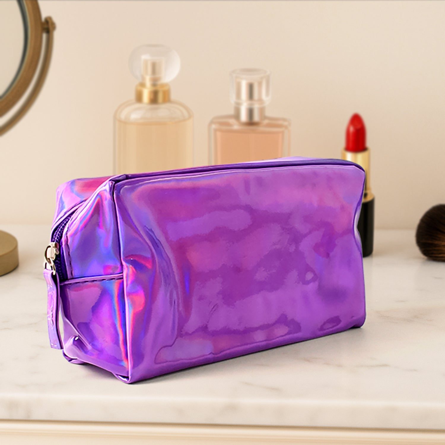 01_9582ec8c-0652-4b3d-879e-a99457330599.jpg Holographic Shiny Waterproof Travel Cosmetic Pouch (1 Pc) - Front View by Nari Haat, Indian ethnic wear, women clothi...