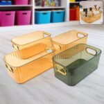 Premium Ribbed Transparent Storage Basket with Gold Handle  25×14 cm 4 Pc - Front View by Nari Haat, Indian ethnic w...