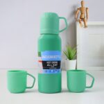 Green Vacuum Flask Set – Stainless Steel Thermos with 3 Cups, Approx 500ml - Front View by Nari Haat, Indian ethnic...