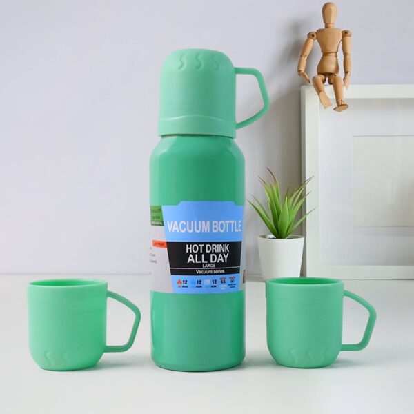 Green Vacuum Flask Set – Stainless Steel Thermos with 3 Cups, Approx 500ml - Front View by Nari Haat, Indian ethnic...