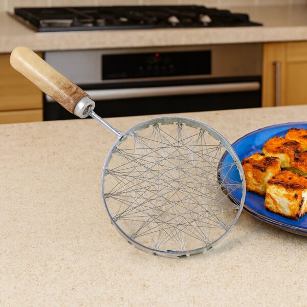 Stainless Steel Wire Skimmer with Wooden Handle (1 Pc) - Front View by Nari Haat, Indian ethnic wear, women clothing,...