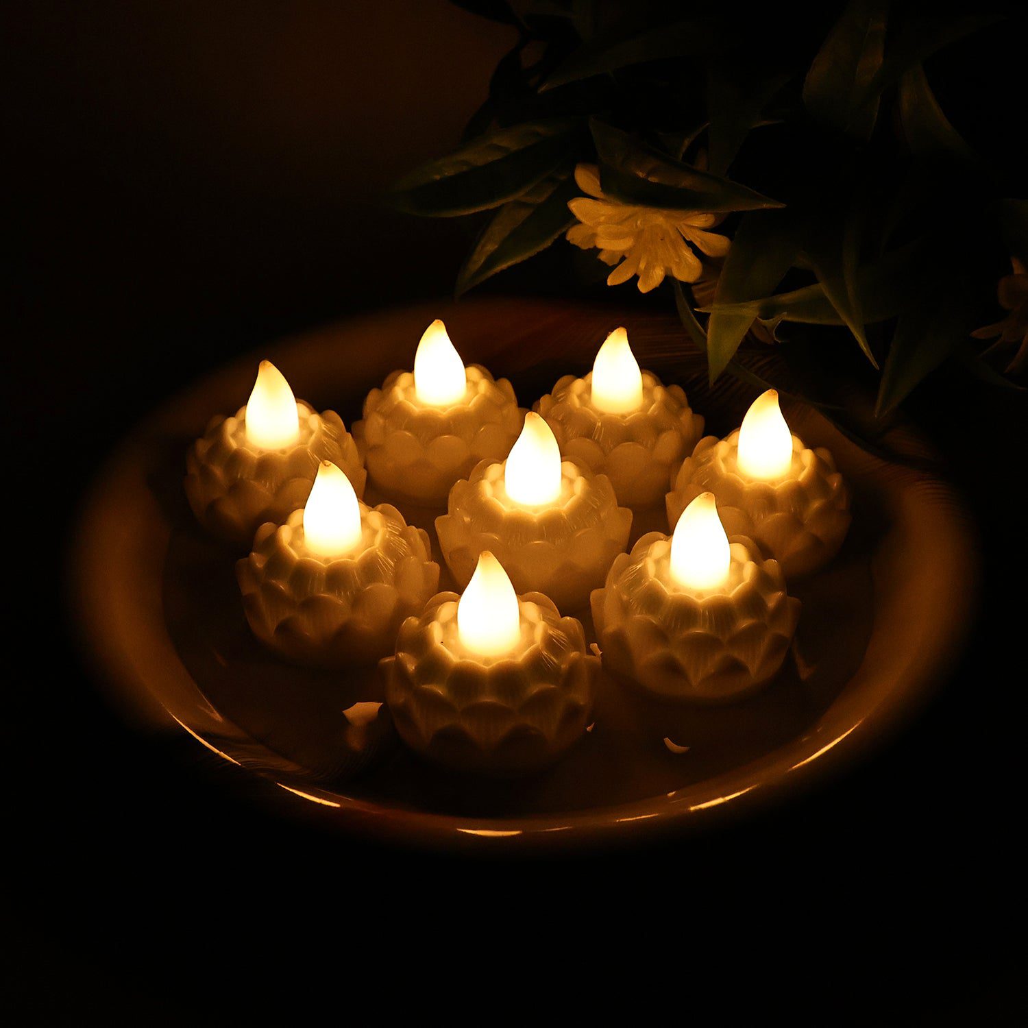 01_a3c6e49b-48bb-4a65-83fa-050c0d83a898.jpg Lotus Shaped LED Flameless Tealight Candles - (8 Pc) - Front View by Nari Haat, Indian ethnic wear, women clothing, d...