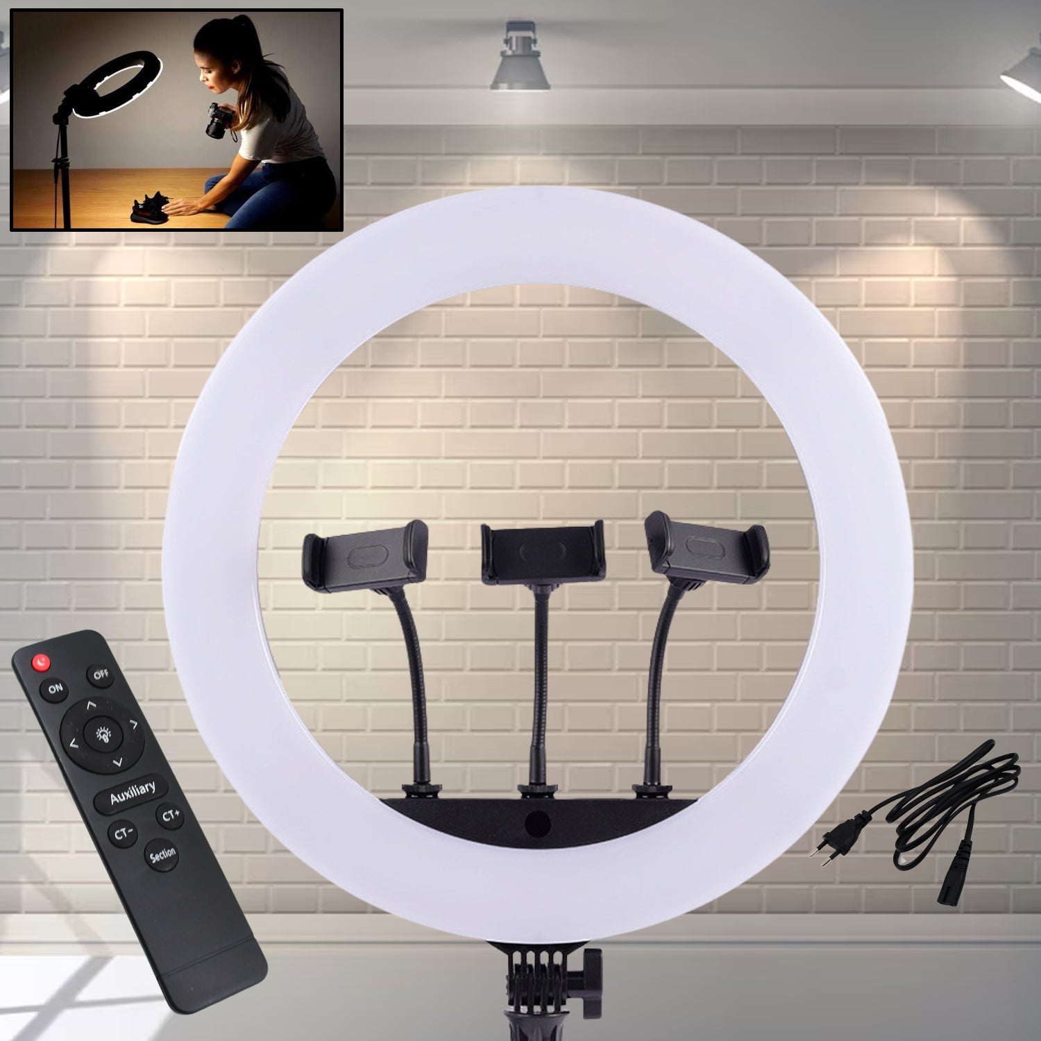 01_a51aeb99-1475-4798-a4df-b4cb63ae2841.jpg 18 Inch LED Ring Light with 3 Colour Modes & 3 Mobile Holders, Remote Control (1 Set) - Front View by Nari Haat, Indi...