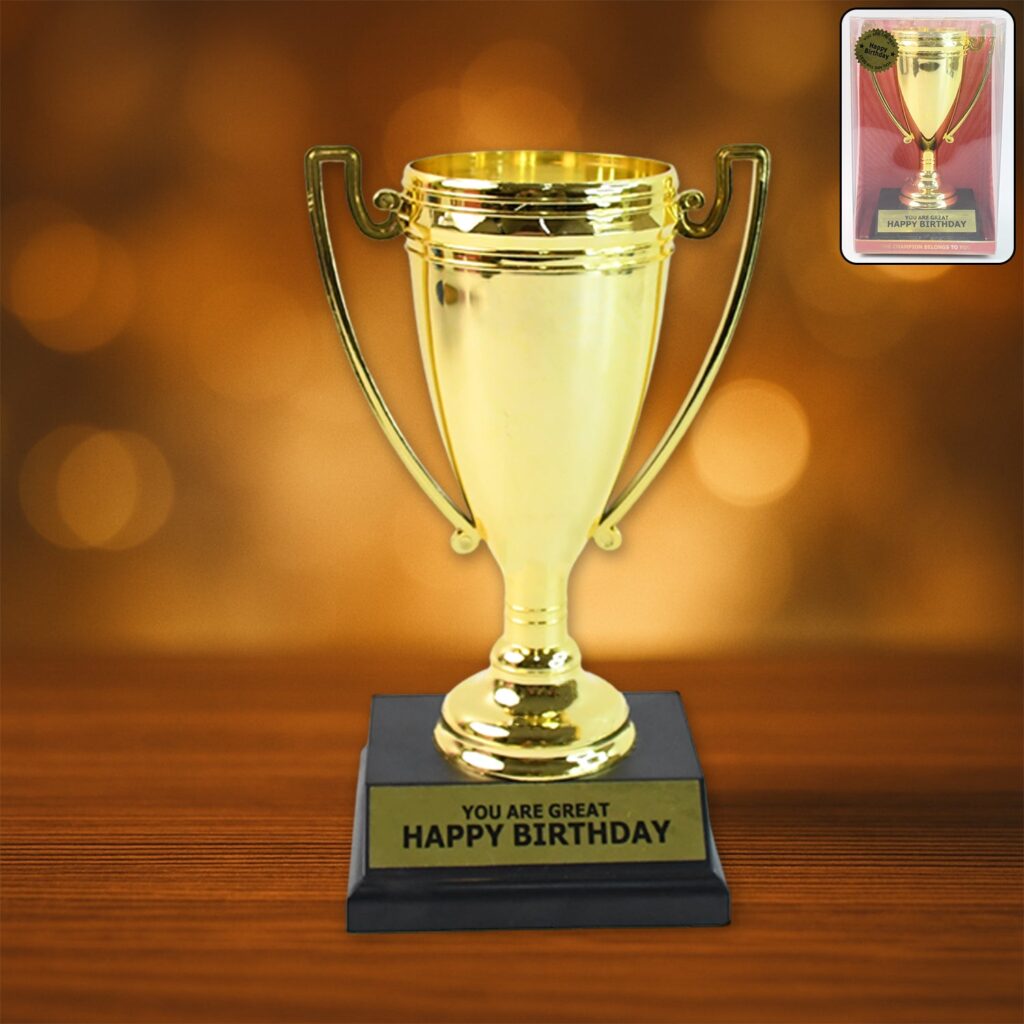 Golden Birthday Trophy – “You Are Great Happy Birthday” Plastic Award with Base - Front View by Nari Haat, Indi...