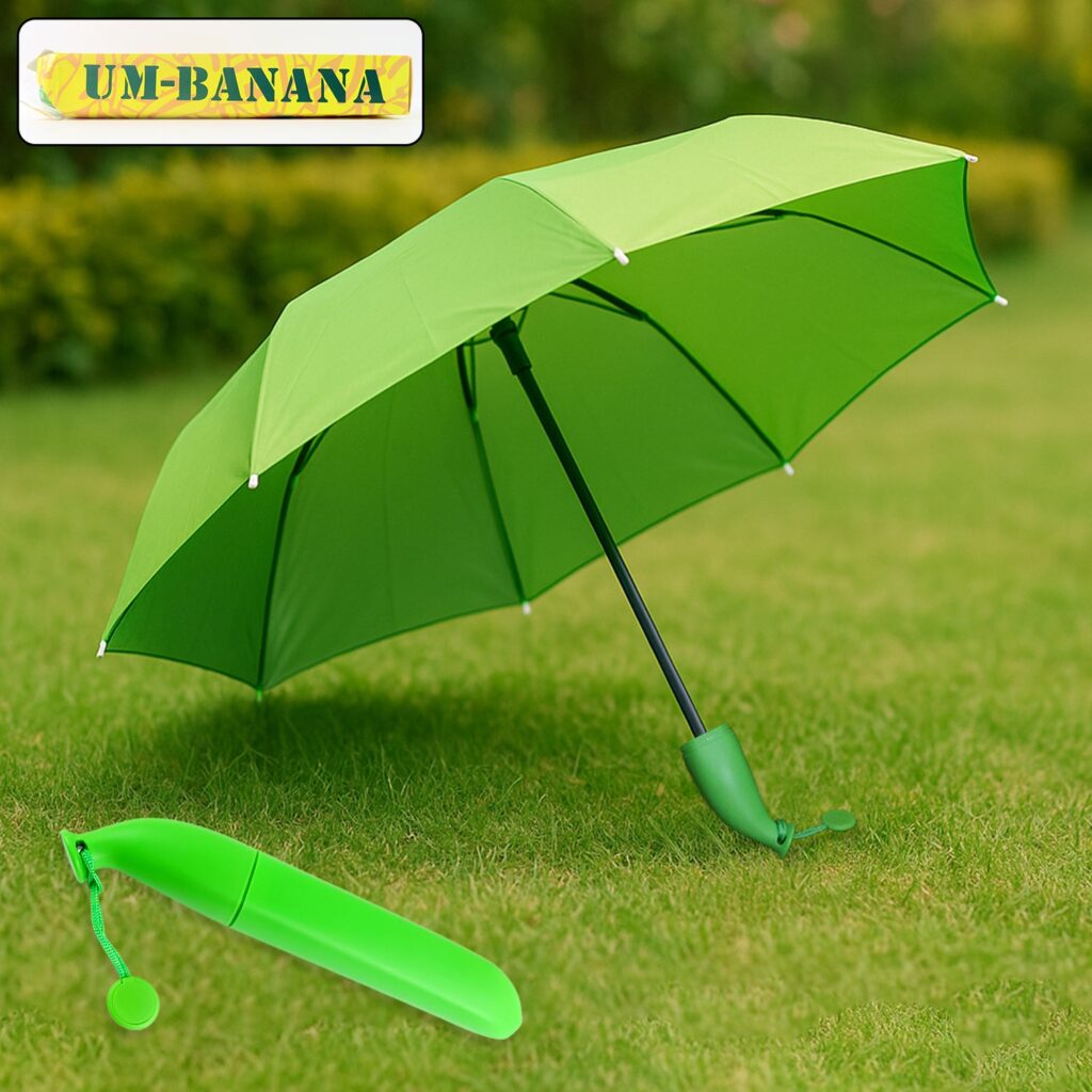 Green Stylish Banana Shaped Mini Foldable Umbrella - Front View by Nari Haat, Indian ethnic wear, women clothing, des...