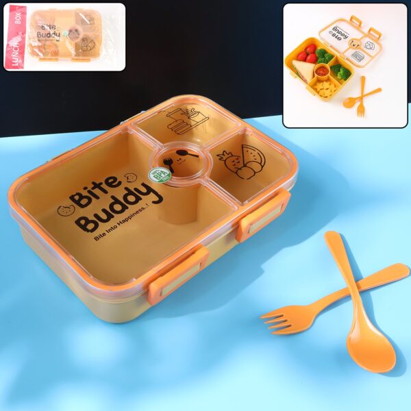 Bite Buddy 4-Compartment Leak-Resistant Plastic Lunch Box with Spoon & Fork - Front View by Nari Haat, Indian ethnic ...
