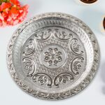 Traditional Silver Finish Plastic Pooja Thali (1 Pc) - Neckline Detail by Nari Haat, Indian ethnic wear, women clothi...