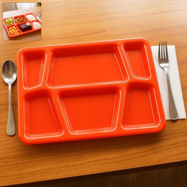 Plastic Multi-Compartment Rectangular Meal Serving Tray / Plate (1 Pc / Red) - Front View by Nari Haat, Indian ethnic...