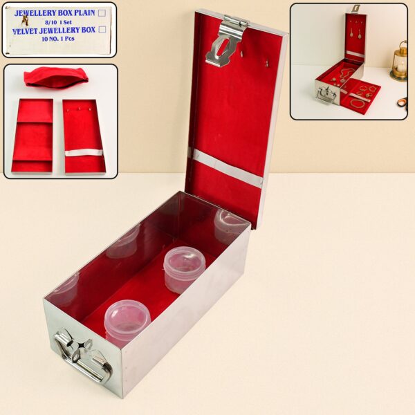 Premium Stainless Steel Velvet Lined Jewellery Storage Box with Lock and Red Interior - Front View by Nari Haat, Indi...