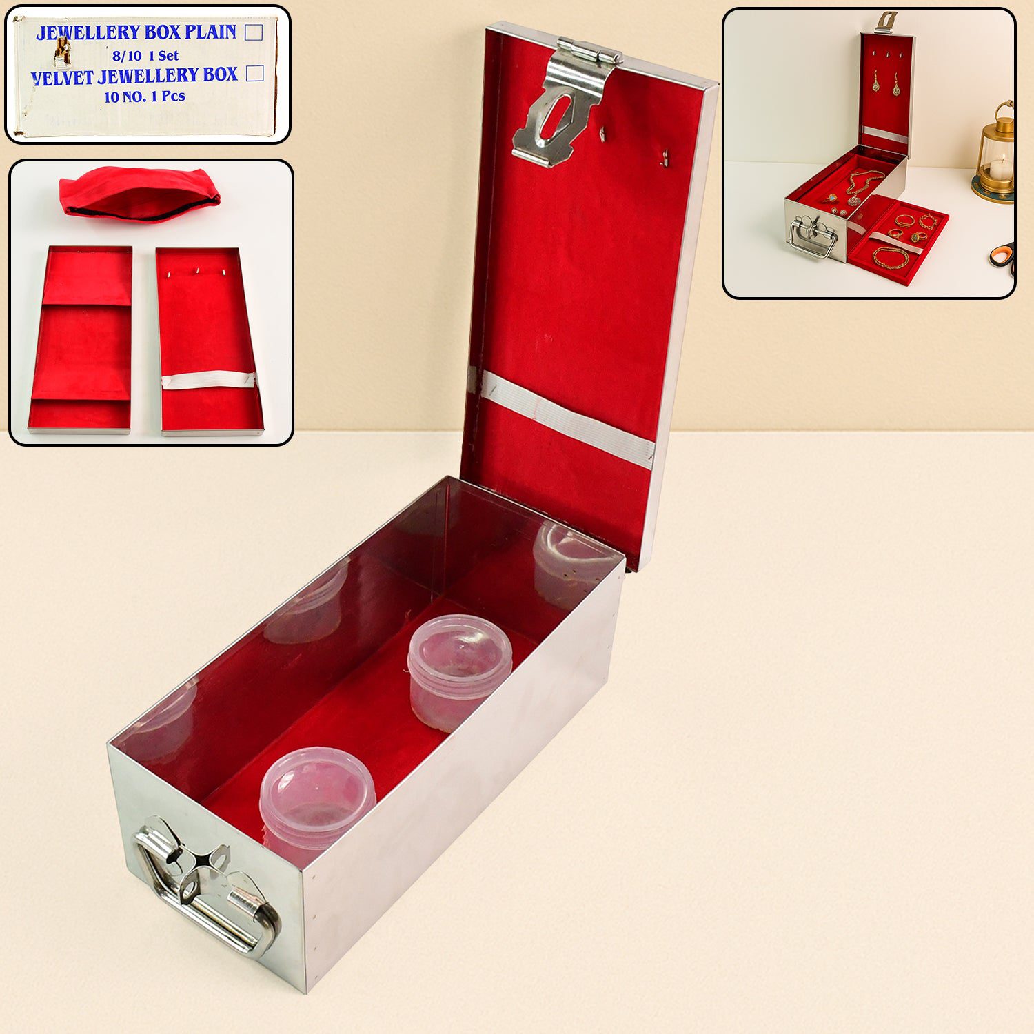 01_e4a09096-de74-4d81-b241-7f6938f115ab.jpg Premium Stainless Steel Velvet Lined Jewellery Storage Box with Lock and Red Interior - Front View by Nari Haat, Indi...