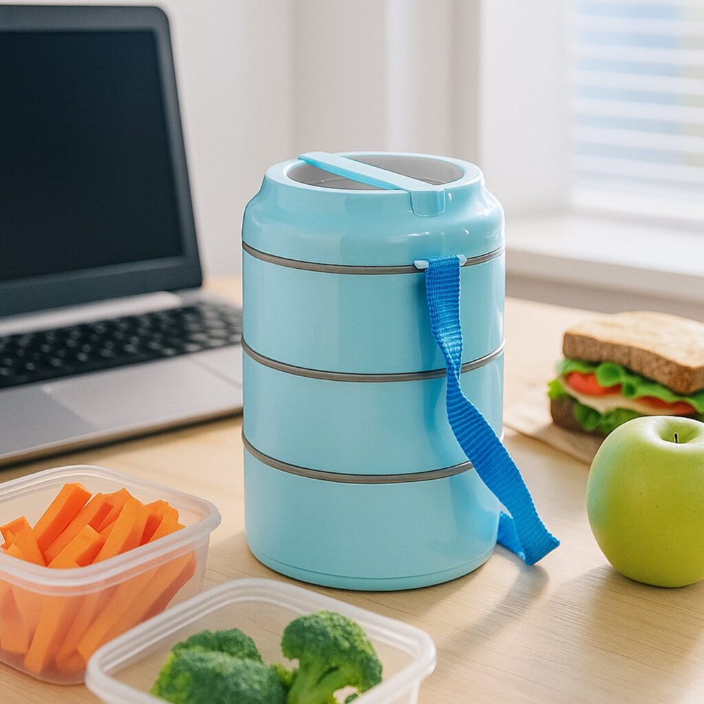 3 Layer Insulated Lunch Box Set with Handle & Strap - (Set) - Front View by Nari Haat, Indian ethnic wear, women clot...