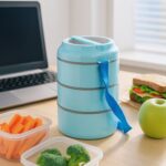 3 Layer Insulated Lunch Box Set with Handle & Strap - (Set) - Front View by Nari Haat, Indian ethnic wear, women clot...