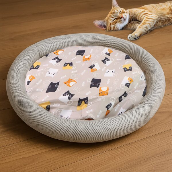 Round Soft Plush Cat Bed with Cartoon Cat Print Cushion  1 Pc - Front View by Nari Haat, Indian ethnic wear, women cl...