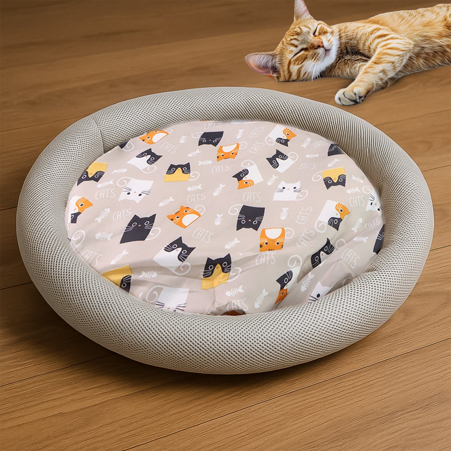 01_f57176e1-a7c0-42b0-a2b7-79744d068303.jpg Round Soft Plush Cat Bed with Cartoon Cat Print Cushion 1 Pc - Front View by Nari Haat, Indian ethnic wear, women cl...