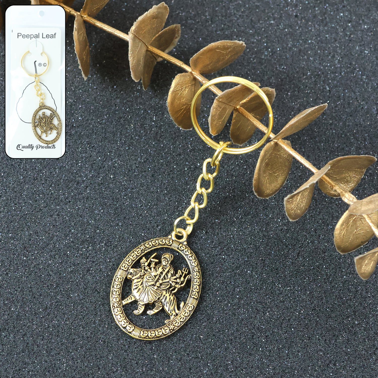 01_keychain_41f0af29-3b67-4c24-8d18-f77e7058dfa8.jpg Maa Durga Oval Frame Golden Keychain (1 Pc) - Front View by Nari Haat, Indian ethnic wear, women clothing, designer suit