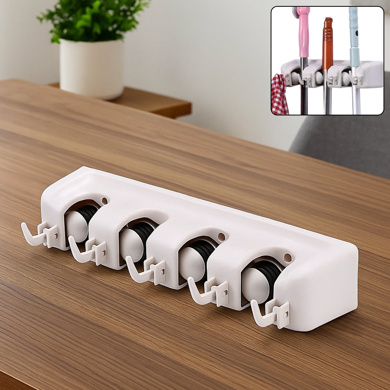 0243_4lyr_broom_holder.jpg 4 Layer Mop and Broom Holder, Garden Tool Organizer, Multipurpose Wall Mounted - Front View by Nari Haat, Indian ethn...