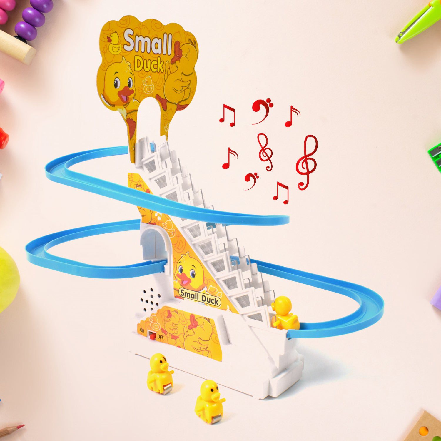 02_189c4ebf-f4fb-463c-8283-e34b527b9ee8.jpg Duck Climb Stairs Toy Roller Coaster with Flashing Lights & Music (3 Ducks) - Image 1