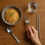 Stainless Steel Cutlery Spoon, Fork & Pair of Chopstick Set - Neckline Detail by Nari Haat, Indian ethnic wear, women...