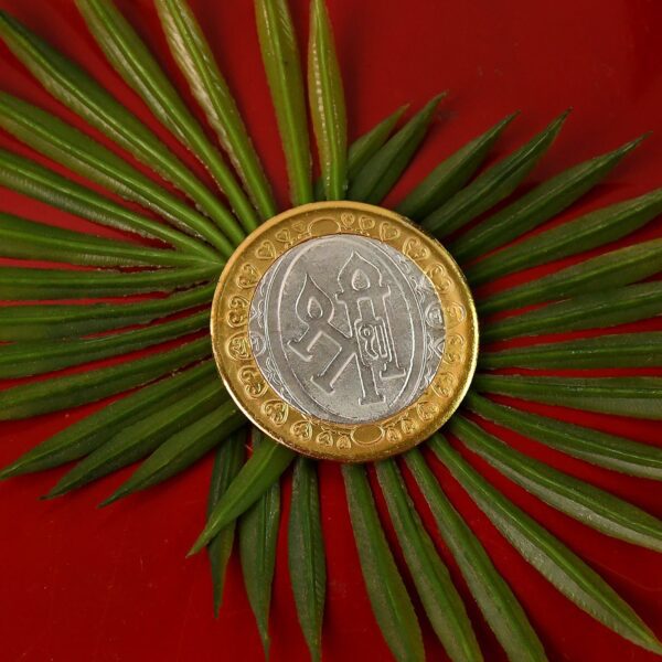 Premium Gold & Silver Dual-Tone Religious Coin with Lakshmi Ganesh Design - Front View by Nari Haat, Indian ethnic we...