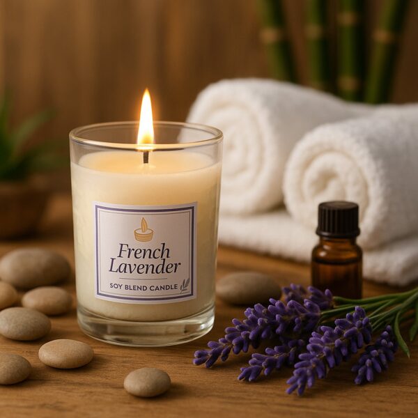In'lief French Lavender Soy Blend Scented Candle in Glass Jar (50GM / 1 Pc) - Front View by Nari Haat, Indian ethnic ...