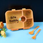 Bite Buddy 4-Compartment Leak-Resistant Plastic Lunch Box with Spoon & Fork - Back View by Nari Haat, Indian ethnic w...