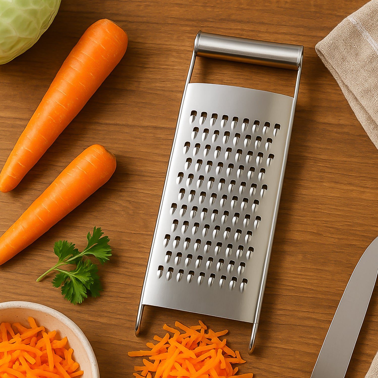 02_df2e7e61-9354-4680-9c9b-c8101cff8338.jpg Ritu Premium Stainless Steel Handheld Grater & Slicer (1 Pc) - Front View by Nari Haat, Indian ethnic wear, women clo...