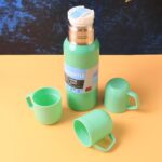 Green Vacuum Flask Set – Stainless Steel Thermos with 3 Cups, Approx 500ml - Closeup Embroidery by Nari Haat, India...