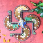 Golden Swastik Shubh Labh Wall Hanging with Ganesh Idol (1 Pc) - Front View by Nari Haat, Indian ethnic wear, women c...