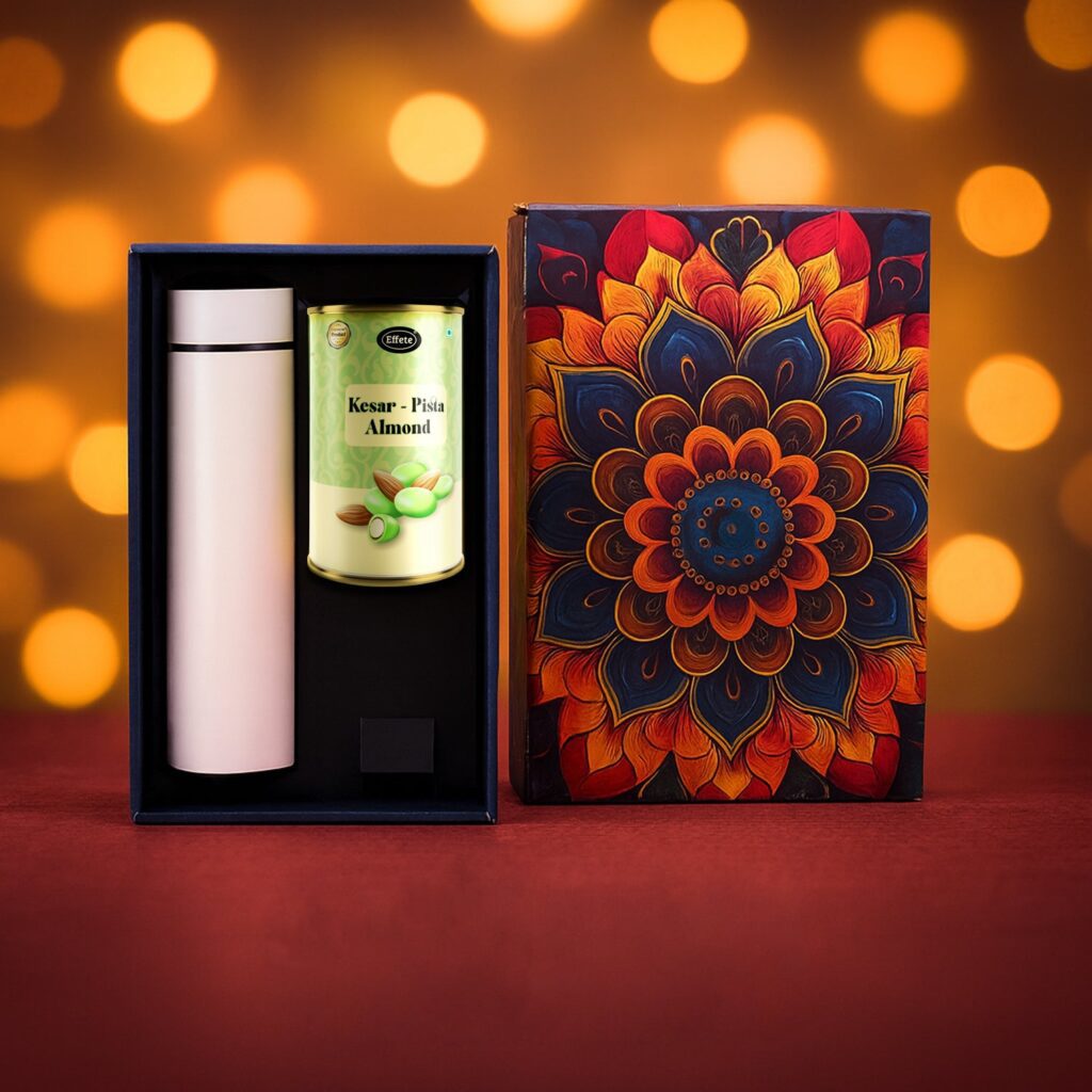 Effete Kesar Pista Almonds Gift Hamper, Golden With Bottle (2 Pc Set), Mix Color - Front View by Nari Haat, Indian et...