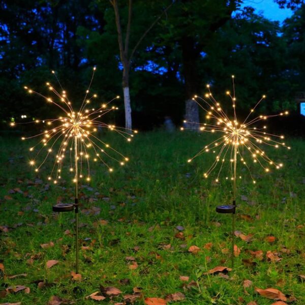 Solar Powered Warm White Starburst Firework Garden Light Set (2 Pc / 120 LED) - Front View by Nari Haat, Indian ethni...