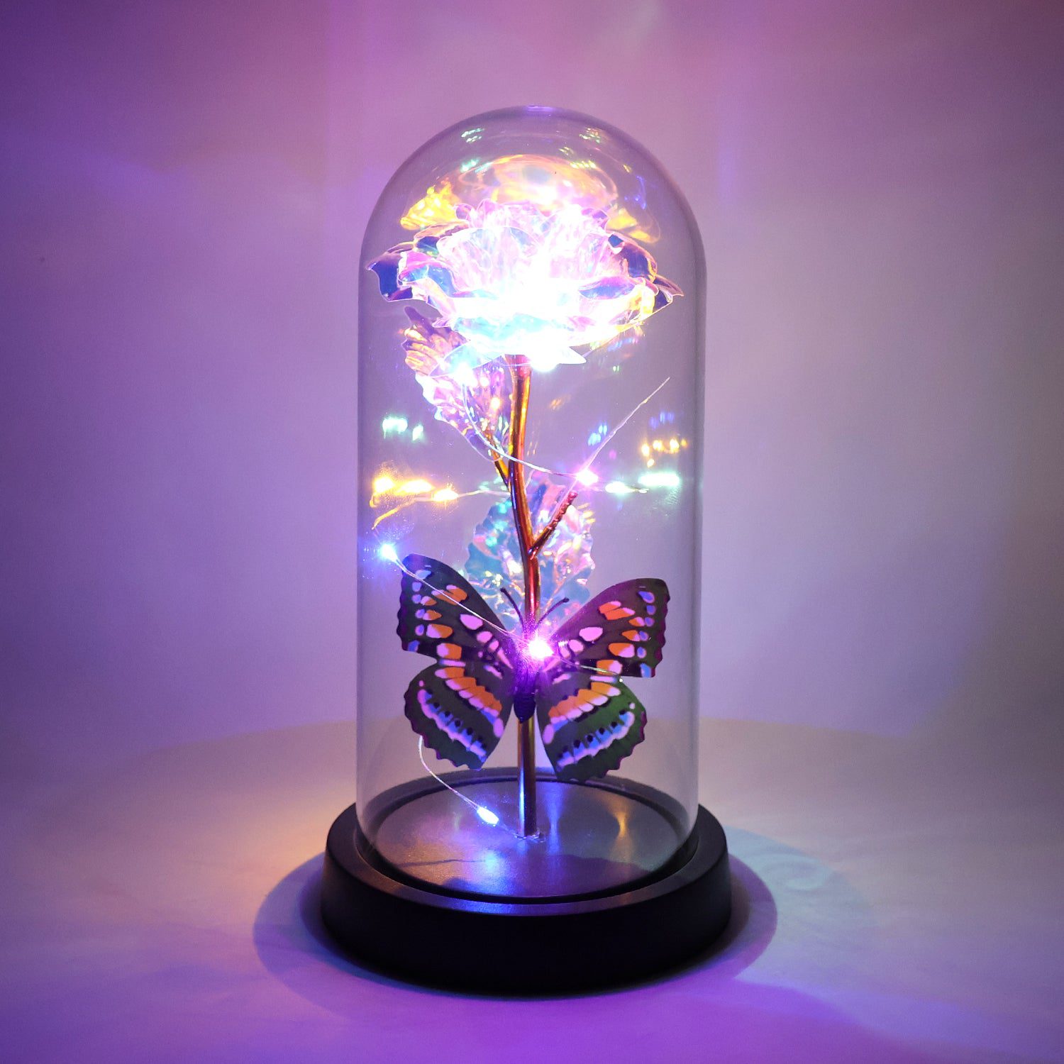 03_156bac17-a708-47f3-8b5a-364b4e115bca.jpg LED Light-Up Eternal Rose Butterfly in Transparent Dome (1 Pc / Battery not Included) - Front View by Nari Haat, Indi...