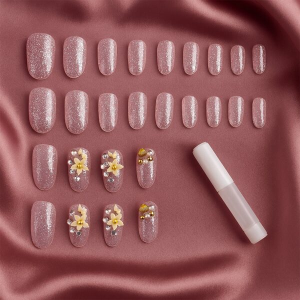 Glitter 3D Floral Press-On Artificial Nail Tips with Nail Glue fake nails (1 Set) - Front View by Nari Haat, Indian e...