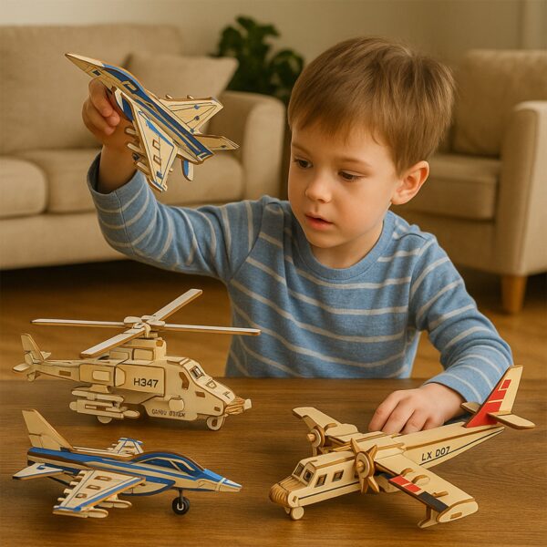 3D Wooden Aircraft Puzzle DIY Assembly Kit (Mix Design – 1 Set) - Front View by Nari Haat, Indian ethnic wear, wome...